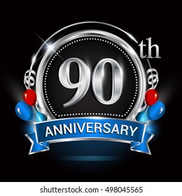 90th anniversary logo with silver ring,balloons and blue ribbon. Vector design template elements for your birthday celebration.