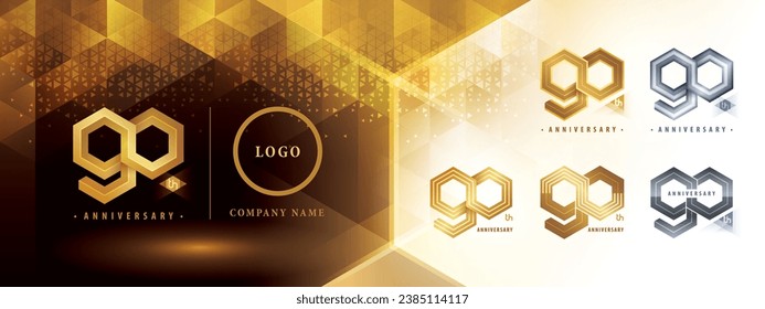 90th Anniversary logotype design, Ninety years anniversary celebration. Abstract Hexagon Infinity logo, 90 Year Logo golden for celebration event, invitation. Network Polygon Geometric, Hexagon Number