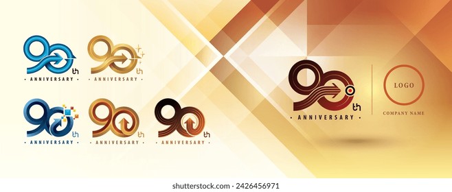 90° Aniversario diseño de logotipo, Noventa años Celebrar Aniversario Logo línea múltiple para evento de celebración, Abstracto Círculo Flecha, Crecimiento al Éxito Concepto, Curvado Flecha derecha a objetivo, Logo 90