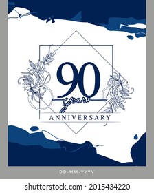 Logotipo del 90 aniversario con fondo de color azul dibujado a mano para celebración, boda, tarjeta de saludo e invitación.