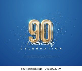 90 aniversario con un diseño lujoso entre oro y azul. Vector premium para afiches, banner, saludo de celebración.