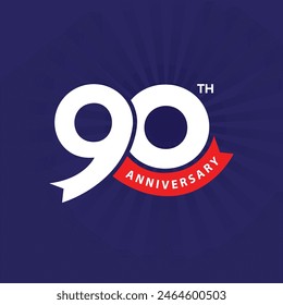 90th anniversary modern typography design on blue background. 90 years anniversary logo, badge, sticker, label design. Company or people 90 Th birthday celebration greeting card.