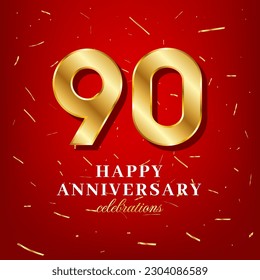 90th anniversary vector template with a golden number and golden confetti spread on a red background