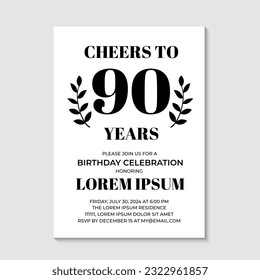 90th Birthday or Anniversary invitation card. Birthday Party invite. Cheers to 90 years. Vector template.