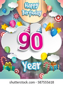 90th Birthday Celebration greeting card Design, with clouds and balloons. Vector elements for the celebration party of ninety years anniversary