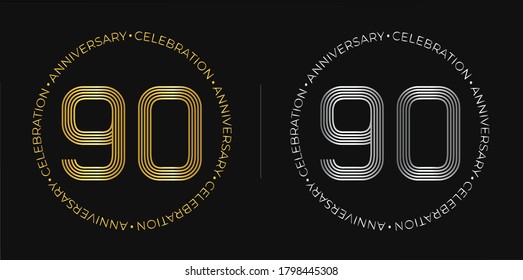 90th birthday. Ninety years anniversary celebration banner in golden and silver colors. Circular logo with original number design in elegant lines.