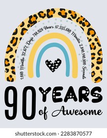 90th Birthday T-Shirt, 90 Years Of Awesome, Typography Design, Milestone Birthday Gift