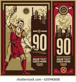 90th celebration vintage propaganda anniversary poster and elements. Isolated artwork object. Suitable for any print media need.