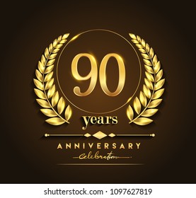 90th gold anniversary celebration logo with golden color and laurel wreath vector design.