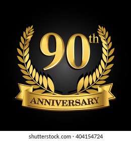 90th golden anniversary logo with ring and ribbon, laurel wreath vector design isolated on black background
