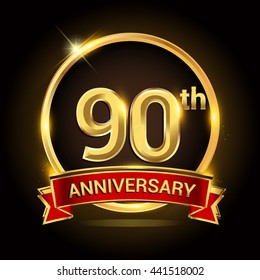 90th golden anniversary logo with ring and red ribbon isolated on black background, vector design for birthday celebration, marriage, corporate, and your business.