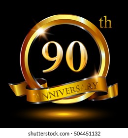 90th golden anniversary logo, years anniversary celebration with ring and ribbon.