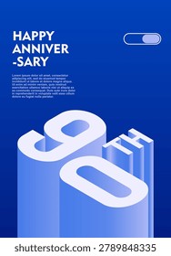 90th Modern anniversary poster template featuring a bold 3d isometric number on a vibrant blue background.