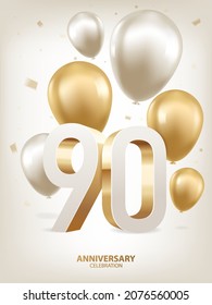 90th Year anniversary celebration background. Golden and silver balloons with confetti on white background with 3D numbers.