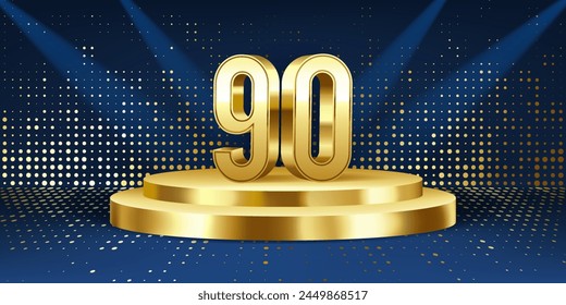 90th Year anniversary celebration background. Golden 3D numbers on a golden round podium, with lights in background.