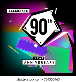 90th years anniversary card with colorful background. Ninety years birthday logo on geometric colorful background.