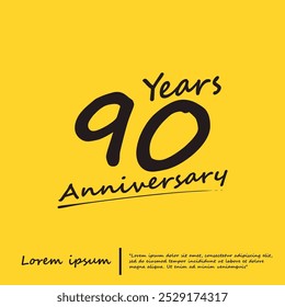 90th years anniversary celebration emblem logo isolated with line art - stroked handwriting on yellow background. vector illustration template design for web, flyers, poster, greeting