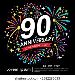 90th years anniversary celebration emblem. anniversary logo isolated with red ribbon, stars and fireworks sparkle twinkle. vector illustration template design for web, flyers, poster, invitation or gr