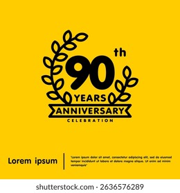 90th years anniversary celebration emblem. anniversary logo isolated with laurel wreath and ribbon on yellow background. vector illustration template design for web, flyers, poster, greeting card