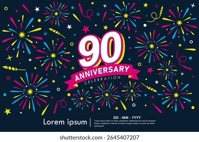 90th years anniversary celebration emblem. congratulations anniversary logo isolated with colorful fireworks and stars sparkle and ribbon. vector illustration template design for web banner