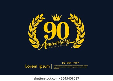 90th years anniversary celebration emblem. yellow anniversary logo isolated with laurel wreath and crown on dark background. vector illustration template design for web, flyers, poster, greeting card