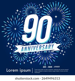 90th years anniversary celebration emblem. congratulations anniversary logo isolated with ribbon and fireworks sparkle on blue background. vector illustration template design for web, flyers, poster, 