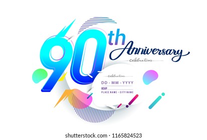 90th years anniversary logo, vector design birthday celebration with colorful geometric background, isolated on white background.