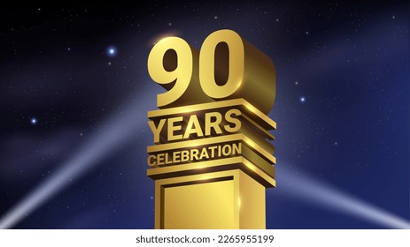 90th Years Celebration, 3D Gold Statue with Spotlights, Luxury Hollywood Light, Vector Illustration