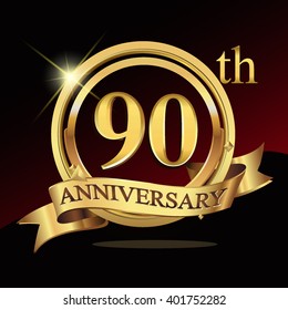 90th years golden anniversary logo celebration with ring and ribbon. Vector template elements for your birthday party.