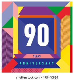 90th years greeting card anniversary with colorful number and frame. logo and icon with Memphis style cover and design template