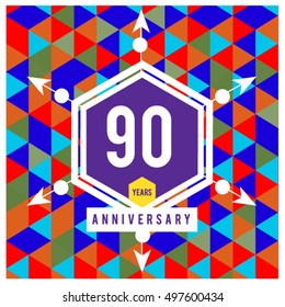 90th years greeting card anniversary with colorful number and frame. logo and icon with Memphis style cover and design template