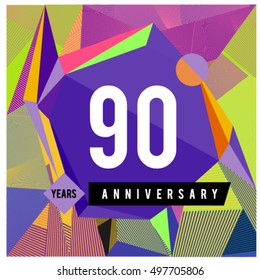 90th years greeting card anniversary with colorful number and frame. logo and icon with Memphis style cover and design template