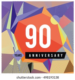 90th years greeting card anniversary with colorful number and frame. logo and icon with Memphis style cover and design template