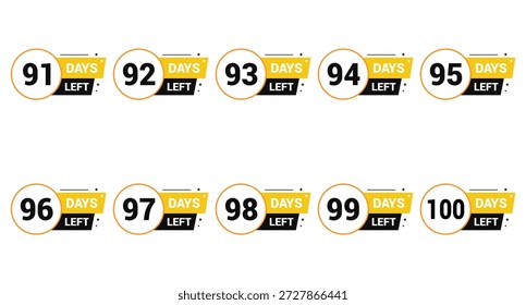 91, 92, 93, 94, 95, 96, 97, 98, 99 e 100 dias restantes Contagem regressiva número banner templates tempo ícone vetor design set