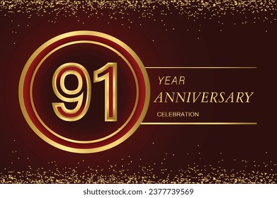 91 anniversary logo with confetti and golden ring. vector design for greeting card and invitation card.