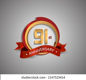 91 anniversary logotype elegant circle golden and red color red ribbon isolated on white background for use company celebration event