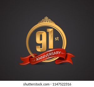 91 anniversary logotype style design luxury  golden color and ornament with warp red ribbon for company celebration event