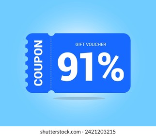 91% coupon promotion sale. Ninety one percent Vector Gift Voucher. Blue discount, lucky ticket, special offer promo. Web, shopping label, percent sign. Special price offers.