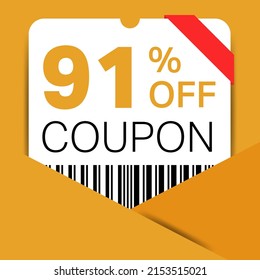 91% Coupon promotion sale for a website, internet ads, social media gift 91% off discount voucher. Big sale and super sale coupon discount. Price Tag Mega Coupon discount with vector illustration.