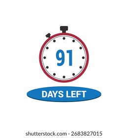 91 días restantes Vector de icono de reloj contando días y tiempo restante, alarma de cuenta regresiva