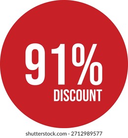 91% discount icon vector red circle with white text