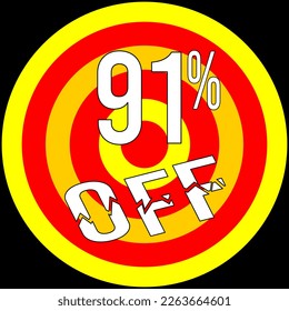 91% de descuento, objetivo en rojo y amarillo sobre fondo negro.