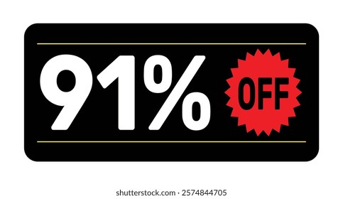 91% discount tag. icon vector Black, white and rad rectangular shape, perfect for marketing promotions