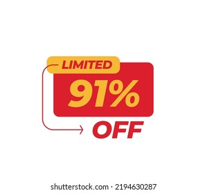 91% Limited Discount tag product banner label vector art illustration. Isolated on White Background in red color