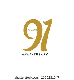 91 logo, 91st Anniversary Logo, Vector Template Design element for birthday, invitation, wedding, greeting card illustration.