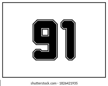 91 number classic american, college style font. Uniform letter in black with a black outside contour line. Vintage sport font.For jersey, t-shirt, basketball, baseball, football. Isolated vector