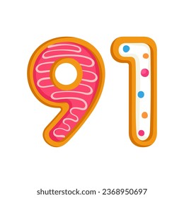91 number sweet glazed doughnut vector illustration