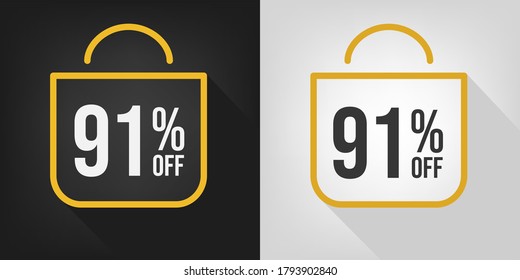 91% de descuento. Banner negro, blanco y amarillo con descuento del 91%. Vector de concepto de bolsa de compras.