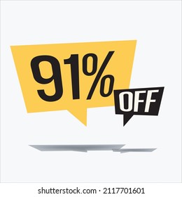 91% off discount sticker sale yellow tag isolated vector illustration. discount offer price label, vector price discount symbol floating