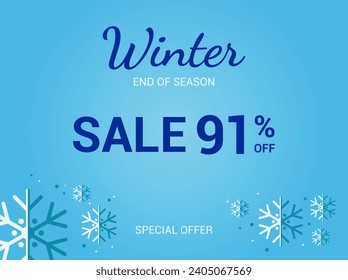 91% off sale banner. Ninety one percent special offer. Winter sale banner. Winter End of Season Sale Background Design. Template for advertising, web and social media. Vector.